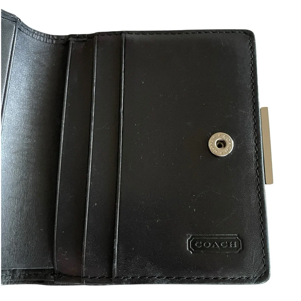 COACH Small Soft Black Leather Bi Fold Silver Coin Purse Wallet Cards Bills VTG - Picture 3 of 9
